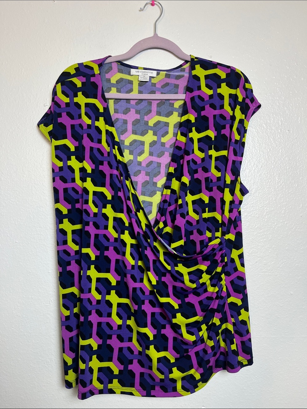 Liz Claiborne Geometric Draped V-Neck Top in Purple, Lime & Navy